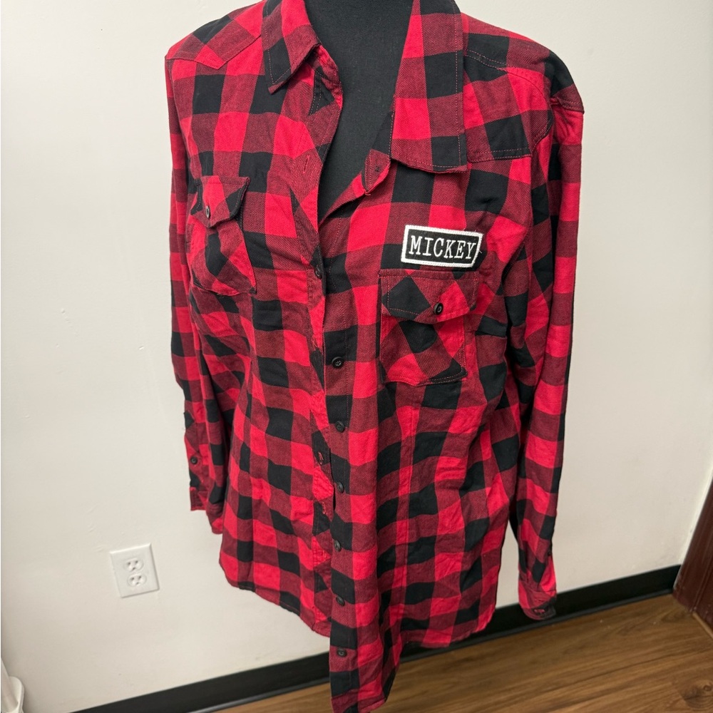 Disney Red and Black Plaid Button-Down Shirt with Mickey Patch